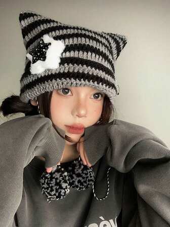 1 件朋克哥特 Y2K 可爱黑白条纹猫耳毛线帽女秋冬保暖小恶魔针织钩针毛线帽冬季女秋装