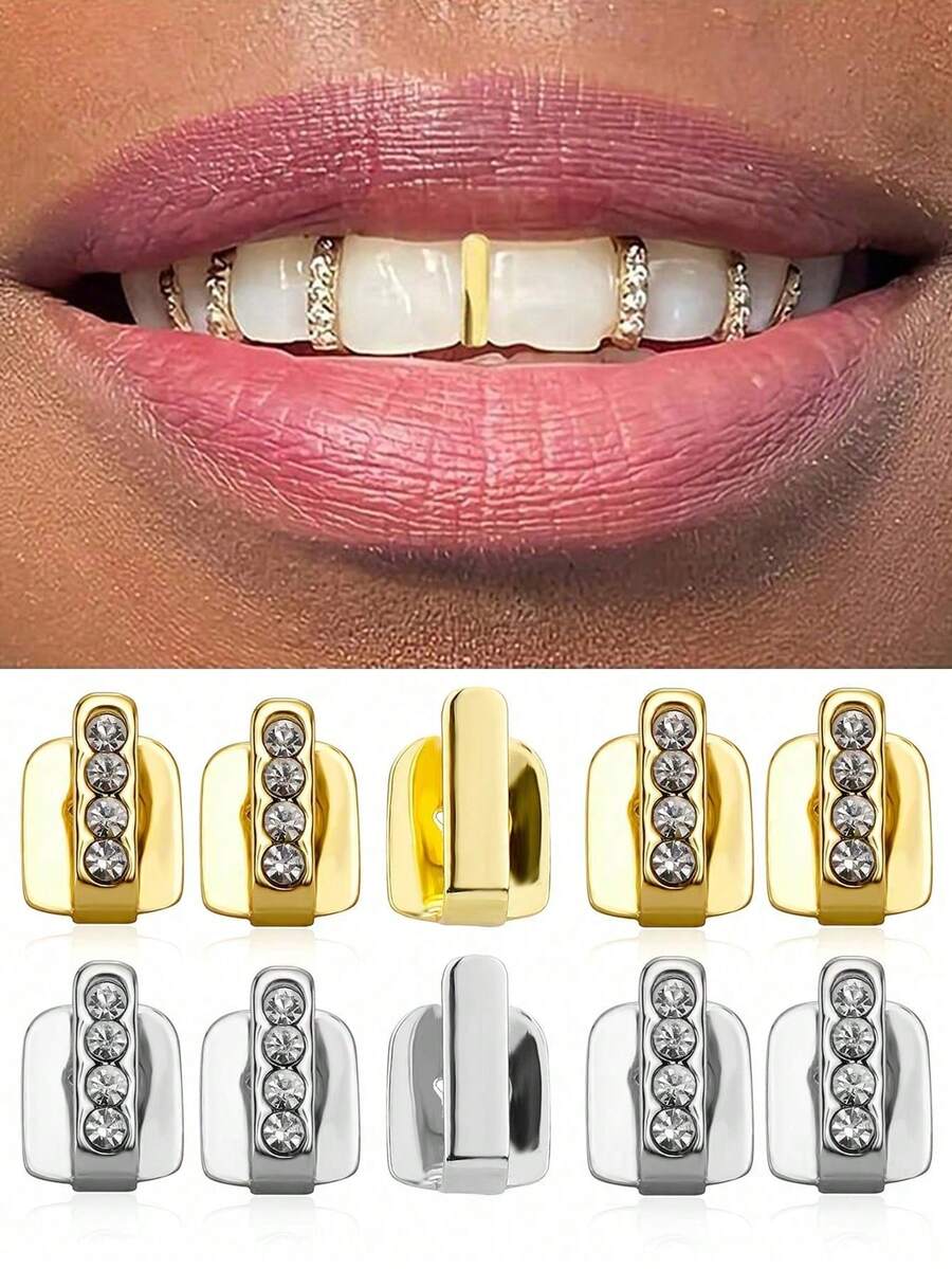 1 Set Single Row Smooth Gold, Silver, Rose Gold Cubic Zirconia Bar Teeth Grillz, Adjustable Hip Hop, Nightclub, Party Decoration, Unisex Gift, Stage Prop