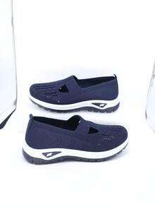 女士透气网眼休闲鞋，镂空一脚蹬设计，舒适软底休闲鞋，护士鞋，妈妈鞋 - 藏蓝色 - 查看 3