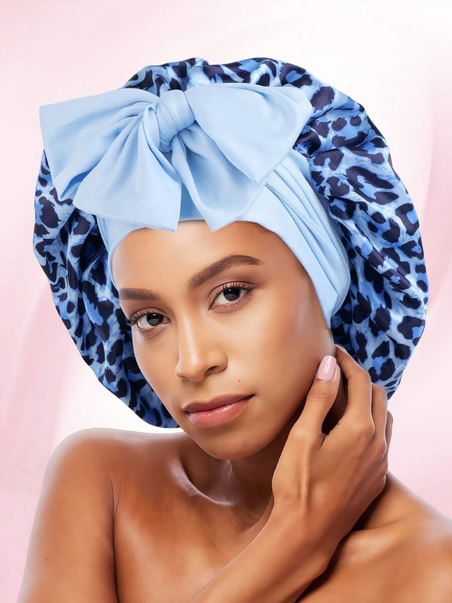 1件缎面蝴蝶结睡帽，纯色弹力带，轻盈透气，适合女性和女孩，黑色睡帽