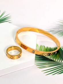 2 件/套 18K 镀金 316L 不锈钢四叶草手链和戒指首饰套装，适合女性日常佩戴，经典欧美花卉设计，镶嵌方晶锆石，大方奢华的休闲金饰，婚礼首饰套装，送给女孩、女士、母亲、亲戚、朋友的礼物，美丽的婚礼、生日、母亲节、女朋友、情人节 - 金色 - 查看 7