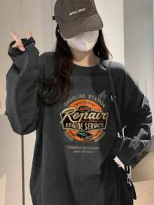 Women's Casual Letter Print Pattern Cotton Loose Fit Long Sleeve T-Shirt, Versatile For Spring & Autumn