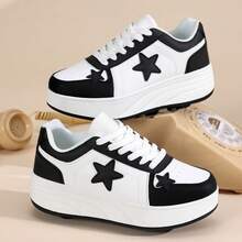 Teenagers' Roller Skates, 4-Wheel Detachable, Boys' Black & White, Multi-Functional Heelys, Ice Skates, All Season, Star Lace-Up Casual Sports Shoes