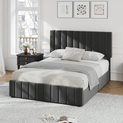 Dragonpad Bed Frame With 4 Storage Drawers And Adjustable Height Headboard, Linen Upholstered Platform Bed Frame, No Box Spring Needed, Easy To Assembly