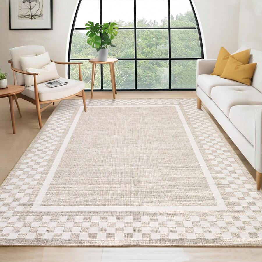 Distressed Plaid Carpet Modern Border Carpet Anti-Fouling Non-Slip Low Pile Foldable Indoor Carpet Ultra-Thin Non-Linting For Bedroom Dining Room Office Laundry Room And Kitchen - 米色 - 查看 1