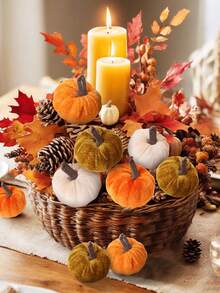 8pcs Mini Velvet Artificial Pumpkin Decor, Foam Core, Thick Velvet Fabric Exterior, Suitable For Autumn Atmosphere Decoration, Thanksgiving Harvest Backdrop, Birthday Party Tabletop Decor, Dining Table Centerpiece, Autumn Home Decor, Halloween Party - Multicolor-a - View 2