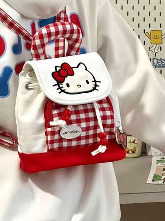  1pc Sanrio Hello Kitty/KT Cat Drawstring Tote Bag, Red Plaid Lid, KT Cat School Style Backpack, Cute Girl Backpack, Cartoon Mini Bookbag, Fashionable Girl Commuter Backpack, Textured Small Backpack, Suitable For School, Back To School Season, Gift
