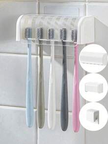 1pc Toothbrush Holder Wall Mount With Cover, Electric Toothbrush Organizer, Toothpaste Rack, 2/5/6 Slots Self-Adhesive Toothbrush Holder, Bathroom Storage Accessories (White), Back To School Season Home Bathroom Decor - Multicolor - View 9