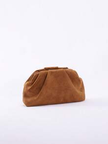 高品质复古风格棕色麂皮手拿包，玛琳风格女士麂皮手拿包，欧美时尚褶皱简约女士手拿包，配链条肩带 - 棕色 - 查看 6