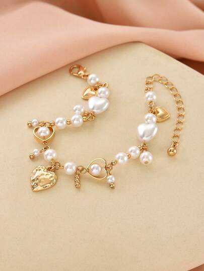 سوار بقلادة مزخرفة بالخرز الاصطناعي والقلب للنساء