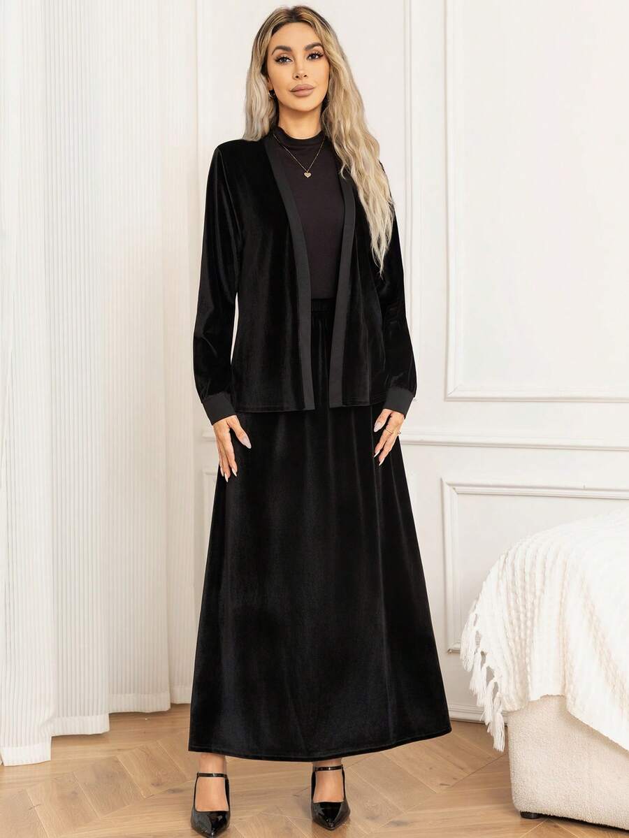 Ensemble top à manches longues sans col élégant et minimaliste en velours et jupe longue, automne/hiver pour femmes