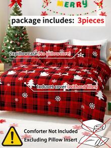 3件套圣诞红色格子圣诞老人雪花印花床上用品套装（1个被套和2个枕套），柔软亲肤，四季皆宜，圣诞礼物 - 彩色 - 查看 9