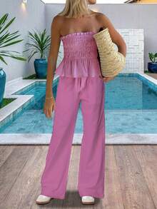 Women's Fall Pants Set Stylish Striped Smocked Ruffled Trim Strapless Tops And Wide Leg Pants 2 Pcs Set - Rosa - Ver 1