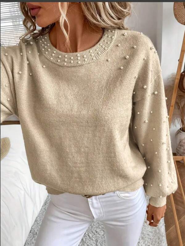 Women's Solid Color Round Neck Drop Shoulder Long Sleeve Pearl Decor Fashion Sweater, Autumn/Winter
