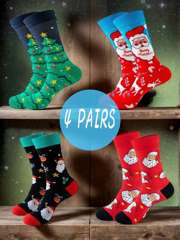 4 Pairs Of Men's Christmas Themed Stockings With Christmas Tree And Santa Claus Patterns.Soft Knit Fabric. Suitable For Birthdays, Thanksgiving, Family Gatherings, Parties. Unique And Stylish Casual Socks. Suitable For All Seasons. A Great Gift For Couples, Friends. A Great Choice For Vacations, Outdoor Sports
