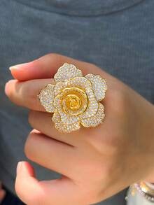 1枚3D大花朵造型厚实立方氧化锆密镶奢华宣言婚礼订婚新娘派对戒指，女士珠宝礼品 - Luxury Design - 查看 5