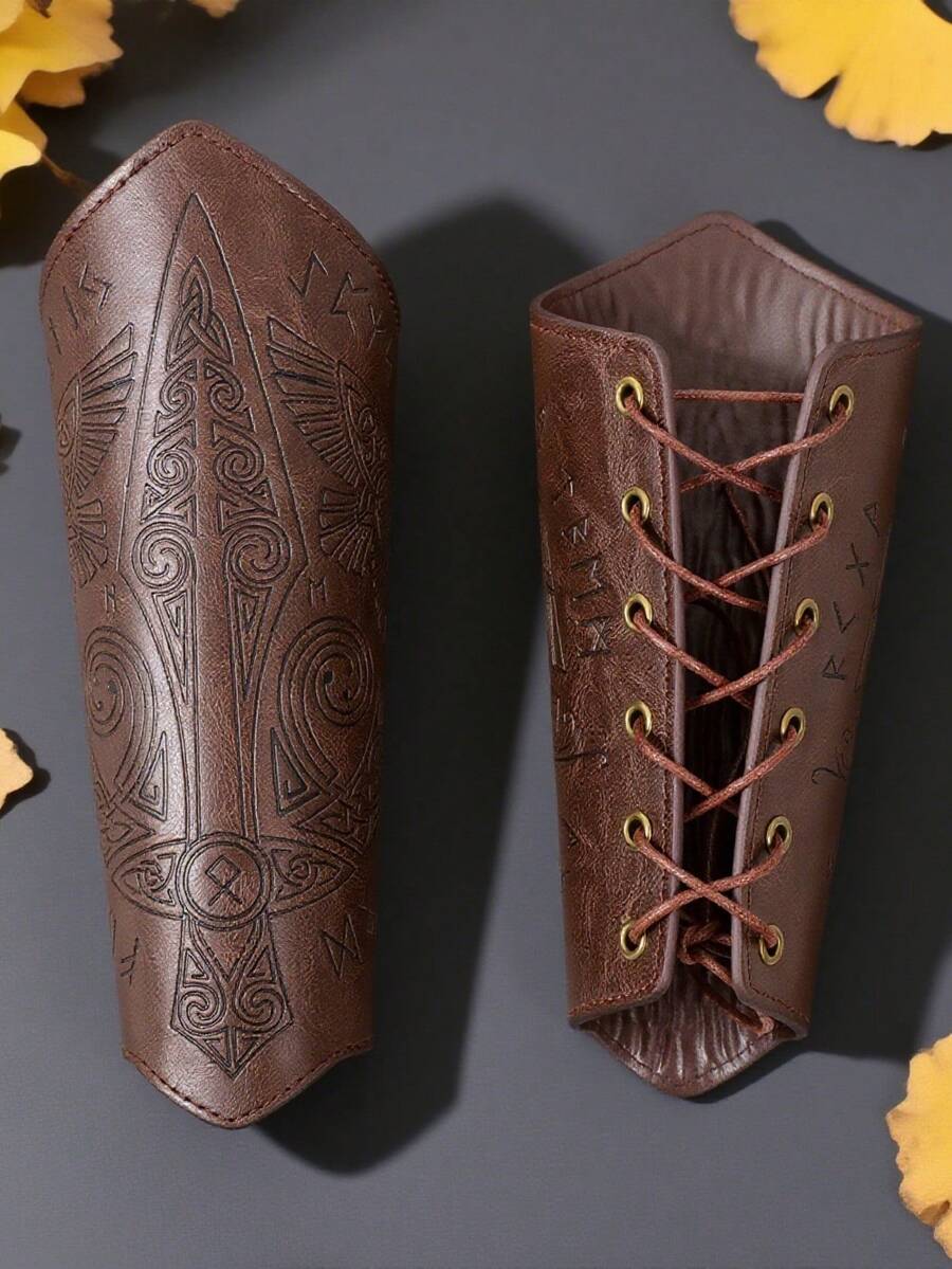 1Pc Unisex PU Leather Wrist Bracer Viking Medieval Wristband Arm Guard Armor For Renaissance Faire Larp Cosplay Prop Punk Rivet Decor Bracelet