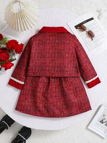 女童秋冬两件套服装：长袖格子夹克 + 裙子 - 紅色 - 查看 2