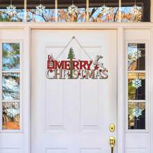 1 Piece Christmas Wooden Decoration Hanging Ornaments Happy Christmas Letter Wooden Sign, House Christmas Tree And Elk Creative Decoration Sign, Suitable For Christmas Front Door Decoration Holiday Party Decoration Hanging Ornaments Home Decor Christmas Decorations Room Decor