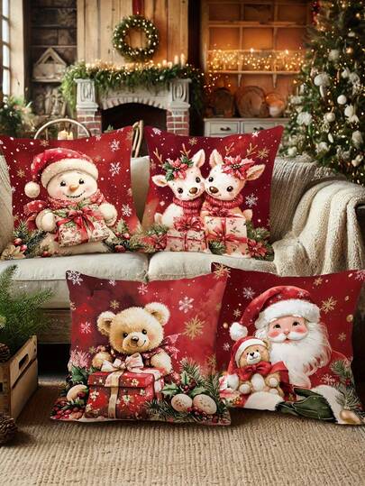 4 piezas/1 pieza Fundas de almohada navideñas - Diseños de muñeco de nieve, reno, oso de peluche y Papá Noel, 45x45 cm | Cierre con cremallera | Colores brillantes, material de poliéster | Para sala de estar, decoración de habitación, sofá y dormitorio (relleno no incluido) Excelente para decoraciones navideñas, fiestas de Navidad, decoración de dormitorio, decoración del hogar