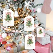 50 件圣诞纸质礼品标签圣诞小标签圣诞纸质悬挂标签贴纸带黄麻绳适用于季节活动 - 彩色 - 查看 2