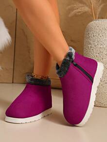 Damen Weinrot Modische Schneestiefel, flache warme Winterschuhe, kurze Winterstiefel