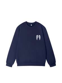 Nuova felpa semplice e alla moda da donna con stampa ad ali, collo equipaggio, colore grigio scuro, versatile e adatta per l'autunno/inverno