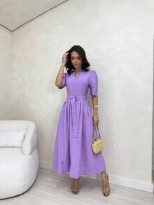 Classic Elegance Long V-Neck Dress – Sophisticated Cut And Impeccable Fit - Màu Lilac Tím - Xem 3