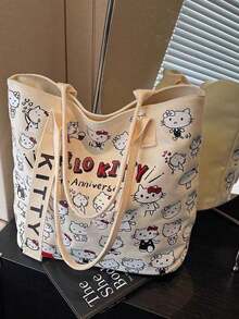 Sanrio Bolso de lona con diseño de Hello Kitty de Sanrio, bolso de mano lindo de KT, bolso de hombro versátil con diseño de dibujos animados, bolso de gran capacidad para ir y volver del trabajo, adecuado para viajes, vuelta al colegio, ir y venir del trabajo