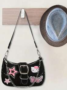 Sanrio Bolso de hombro de mujer de piel sintética con elegante estampado de estrellas de Hello Kitty de Sanrio, adecuado para viajes, compras y picnics