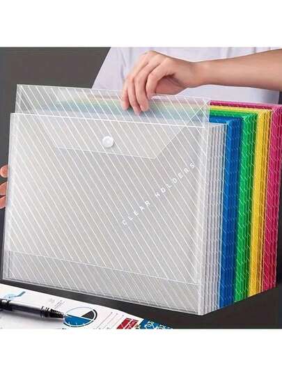 5/10/20pcs Transparent A4 File Folders With Vibrant Multi-Color Labels - Durable, Waterproof Plastic Document Holders With Button Closure Pockets - Ideal For Office, School And Home Organization. Size: 32.5cm L X 23cm W