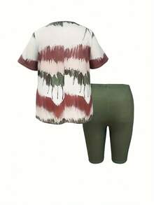 Women's Casual Two-Piece Set: A Colorful Printed Short-Sleeve Top Paired With Tight Shorts, Featuring A Stylish Side Slit Design. It's A Comfortable And Well-Fitting Daily Outfit, A Plus-Size Fashionable Vacation-Style Tie-Dye Striped Printed Short-Sleeve Set, A Foreign Printed Set. - 橄欖綠 - 查看 2