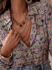 新款女式衬衫休闲波西米亚花卉四季长袖衬衫 - 多色印花纽扣优雅衬衫，适合日常休闲穿着、度假、正式场合、通勤、百搭，设计优雅， - 彩色 - 查看 5