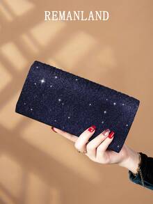 REMANLAND 1个闪亮优雅褶皱女士手提包，时尚迷人女士晚宴钱包，信封式手拿包，带隐藏式卡槽和隔层，配有可拆卸金属链的单肩包，适合派对女孩、新娘，节日最佳礼物 - 藏蓝色 - 查看 7