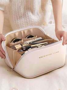 Geantă de machiaj portabilă pentru călătorie, geantă de mână impermeabilă din PU, geantă multifuncțională de depozitare a instrumentelor cosmetice pentru femei, geantă de toaletă multifuncțională pentru călătorie, potrivită pentru cosmetice, instrumente de machiaj, articole de toaletă, potrivită pentru călătorii, călătorii de afaceri, depozitare la birou și acasă/cămin, cadou excelent pentru femei, cadou de sărbători - Bej - Vizualizare 1