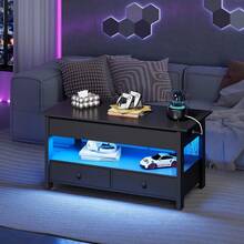 Coffee Table, Lift Top Coffee Table With 2 Drawers, LED Light, Large Hidden Compartment And Open Shelf, Lift Tabletop, Dining Table For Living Room - View 2