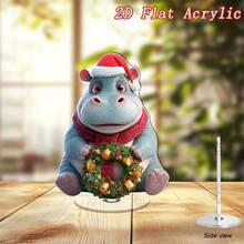 1pc 2D Rotating Acrylic Desktop Decor, Cute Cartoon Hippopotamus Wearing Santa Hat Holding Christmas Wreath With Bells, Christmas & New Year Home Decor, Rotating Base, Holiday Atmosphere Decoration