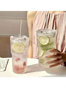 1 Set Of Striped Glasses With Straws And Lids, Portable And Simple Style Water Cups, Vertical Striped Glasses, Reusable High-Quality Coffee And Juice Cups, Multi-Functional Beverage Containers, Perfect For Home, Office, Beach, Various Parties, Suitable For Coffee, Tea, Milk, Iced Americano And Latte Drinks, Drinking Glasses.