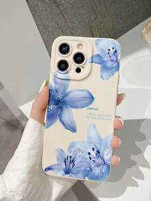 1pc Perforated Straight Edge Pink & Blue Floral Painted Thick Anti-Drop Phone Case Cover