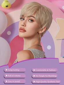 4 英寸短款米色精灵短发，分层式侧分刘海，合成假发，适合女士日常使用或派对 - 金色 - 查看 2