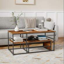 HOKZYHOUSE Couchtisch 2er Set, Wohnzimmertisch, Couchtisch mit Stahlgestell und Ablagen, Industrie-Design, Skandinavischer Stil, Sofatisch aus Holz, Beistelltisch, Vintagebraun