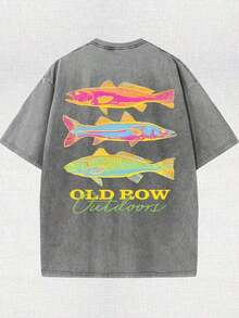 Men's Casual Summer Washed Cotton T-Shirt [Old Row Outdoor] Fish Print, Round Neck, Short Sleeves, Lightweight Cotton Knitted Fabric, Casual Summer Round Neck Shirt |   Rib Details.-Unisex Women & Men's Tees - Xám - Xem 2