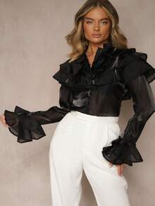 Women's Solid Color Flare Sleeve Ruffle Trim Single-Breasted Elegant Fashion Blouse - Black - View 4
