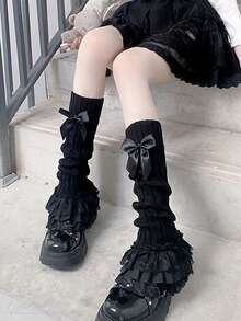 1双女士腿套，洛丽塔风格蕾丝边踝套，可爱蝴蝶结毛绒腿套，JK过膝长筒腿套，舞蹈腿套，黑白两色可选，舒适保暖 - 彩色 - 查看 11