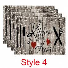 4 bucăți de veselă impermeabilă din in, cu text și suporturi de masă cu model de fibre de lemn, suporturi de masă rezistente la căldură pentru bucătărie, suporturi de masă rezistente la căldură din in, în stil occidental, potrivite pentru casă, hotel, restaurant, întâlniri de sărbători, petreceri și decorarea mesei