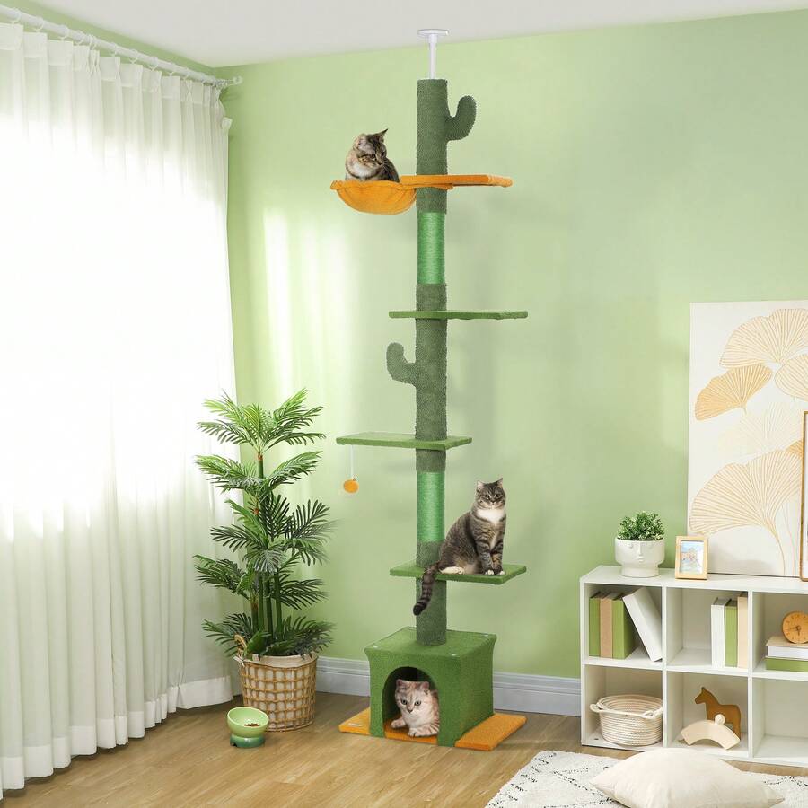 PawHut 6-Level Floor To Ceiling Cat Tree, 230-275cm Height, Green - Green - View 1