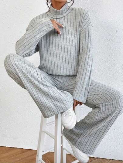 Women's Simple Solid Color Elegant 2-Piece Set High Collar Long Sleeve Top & Pants, Autumn And Winter Casual Striped Ribbed Knitted Home Clothes