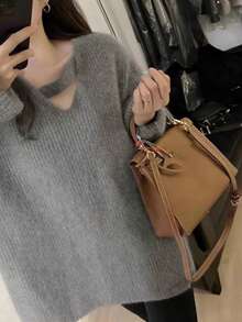 Elegant Gray V-Neck Knit Sweater, Unique Design Casual Loose Fit Pullover Top For Women - Grey - View 5