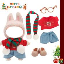 Weihnachtliche Atmosphäre Schal Dekorations-Set, Weihnachts-Muster T-Shirt, für LABUBU Set, modische Accessoires Zubehör, Urlaubs-Geburtstaggeschenk (ohne Plüschpuppe)