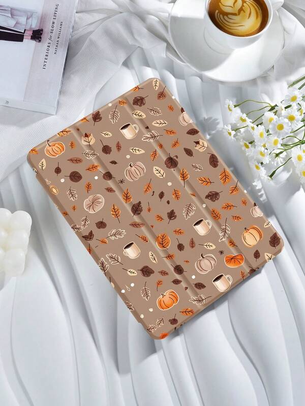 Capa protetora para tablet com estampa de folha de abóbora na cor café, compatível com iPad 9.7/10.2/10.5/10.9/12.9/Pro 11, 10ª geração, compatível com Samsung Galaxy Tab S6 Lite de 10,4 polegadas, compatível com Kindle Paperwhite 12ª geração (2024), Kindle (11ª geração) versão 2022, Kobo Clara Bw, proteção contra quedas suaves, sistema inteligente de levantar/despertar/repousar automático